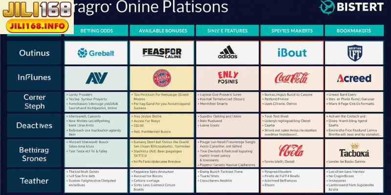 Comparison chart of online bookmakers with odds, bonuses, and features