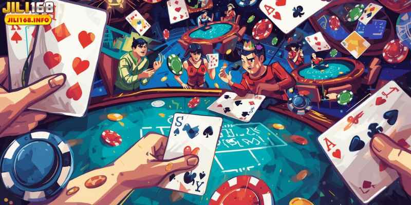 Illustration showing different types of quick card games like poker, baccarat, and blackjack